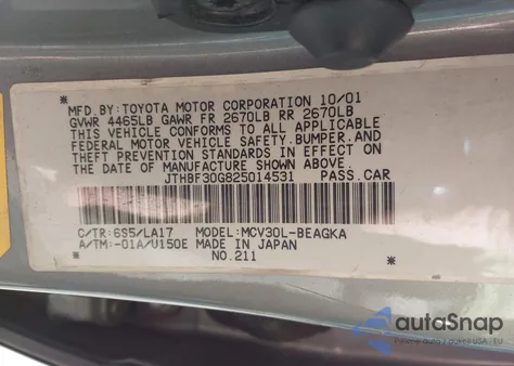 2002 Lexus Es 300 z USA, uszkodzony, nr VIN JTHBF30G825014531